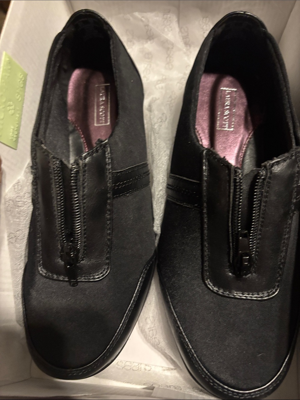 Laura Scott Black Slip-On Zip Front Wedge Loafers 6 wide